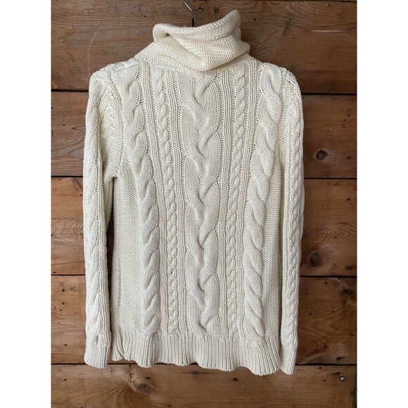 L.L. Bean Cable Knit Sweater Women’s XS Cream Funnel Neck Kangaroo Pocket - Picture 2 of 8